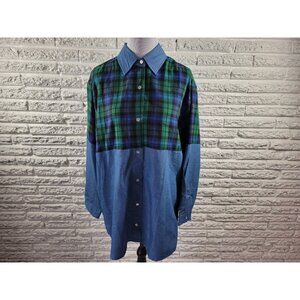Miss Lili Womens Top 2X Plus Long Sleeve Blue Green Plaid Cotton Blend PLA120XE